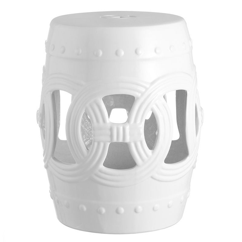 White Ceramic Drum Garden Stool with Lucky Coin Symbols, 16"