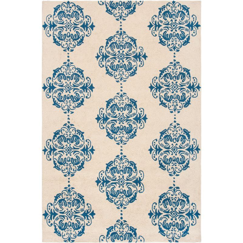 Ivory and Blue Floral Hand-Hooked Wool Area Rug 4' x 6'