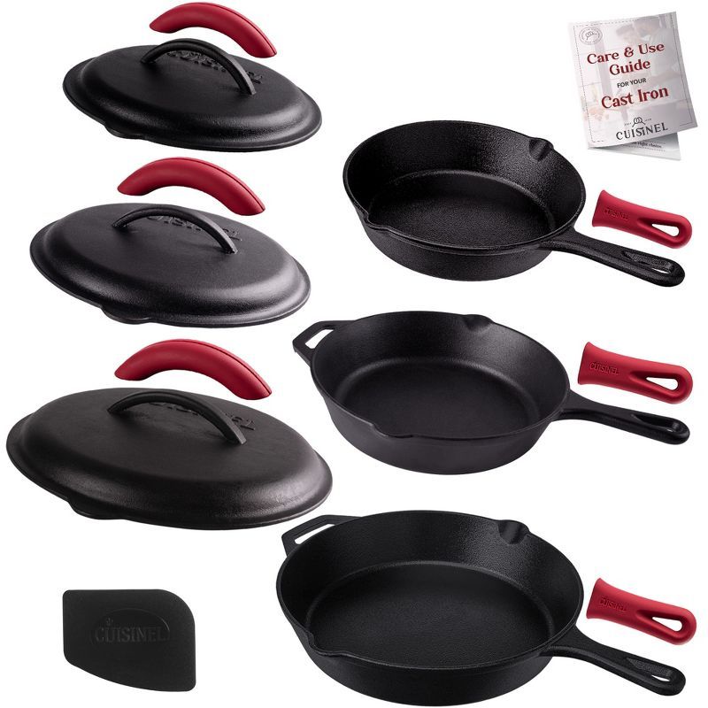 14-Piece Black Cast Iron Skillet Set with Lids and Red Silicone Handles