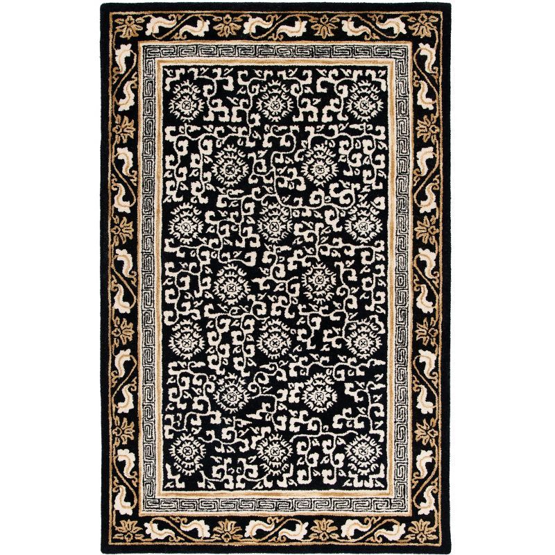 Elegant Square Black Wool Tufted Rug with Non-Slip Feature