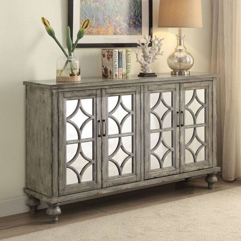 Velika Weathered Gray Wooden Console Table with Mirrored Doors