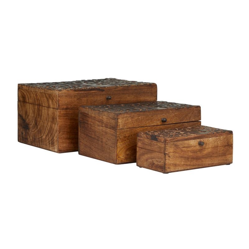 Rustic Hand-Carved Mango Wood Lidded Boxes Set of 3