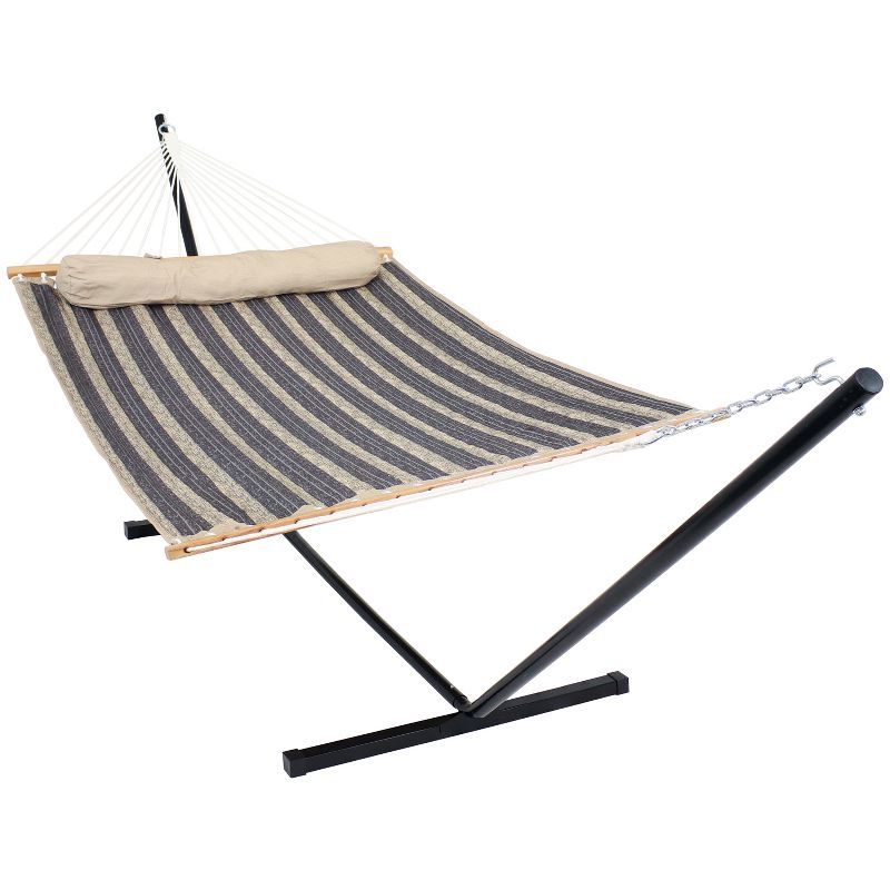 Gray and Beige Quilted 2-Person Hammock with Steel Stand