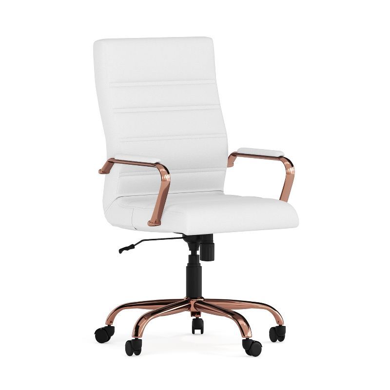 White LeatherSoft High Back Executive Swivel Chair with Rose Gold Metal Frame