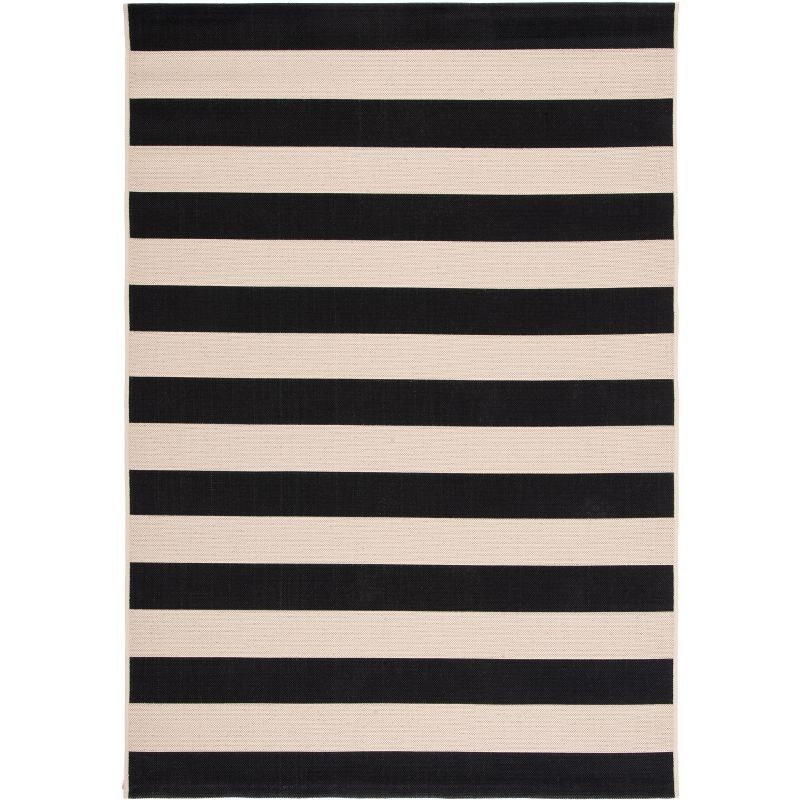 Beige and Black Striped Synthetic Rectangular Area Rug