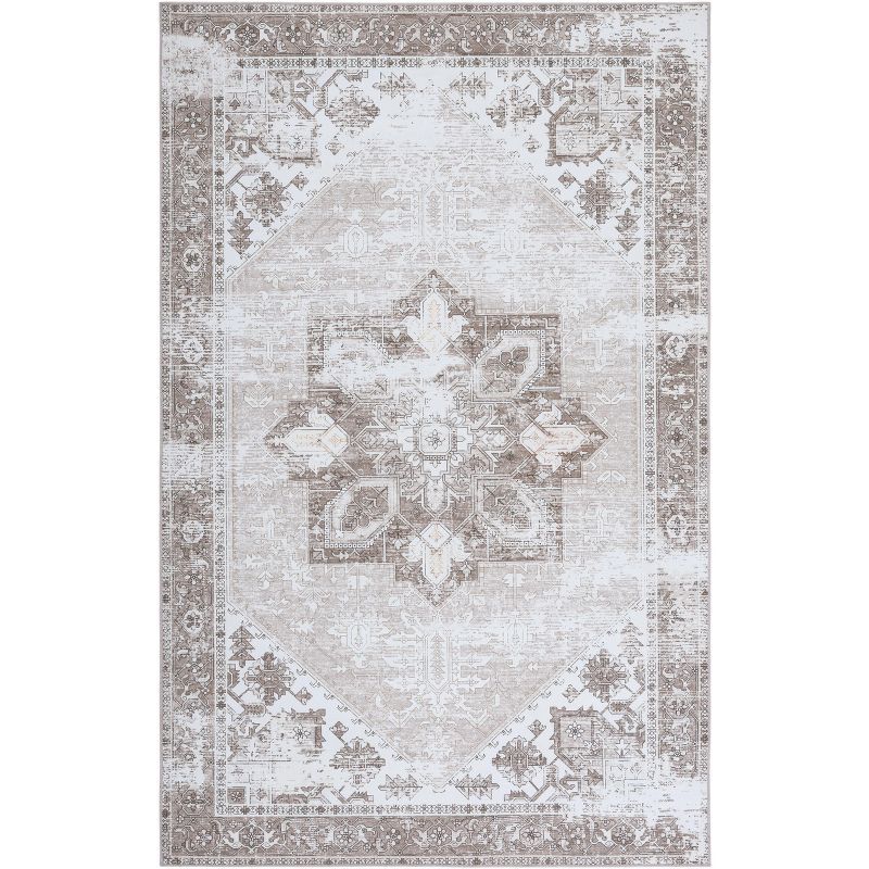 Ivory and Sage Square Washable Synthetic Area Rug