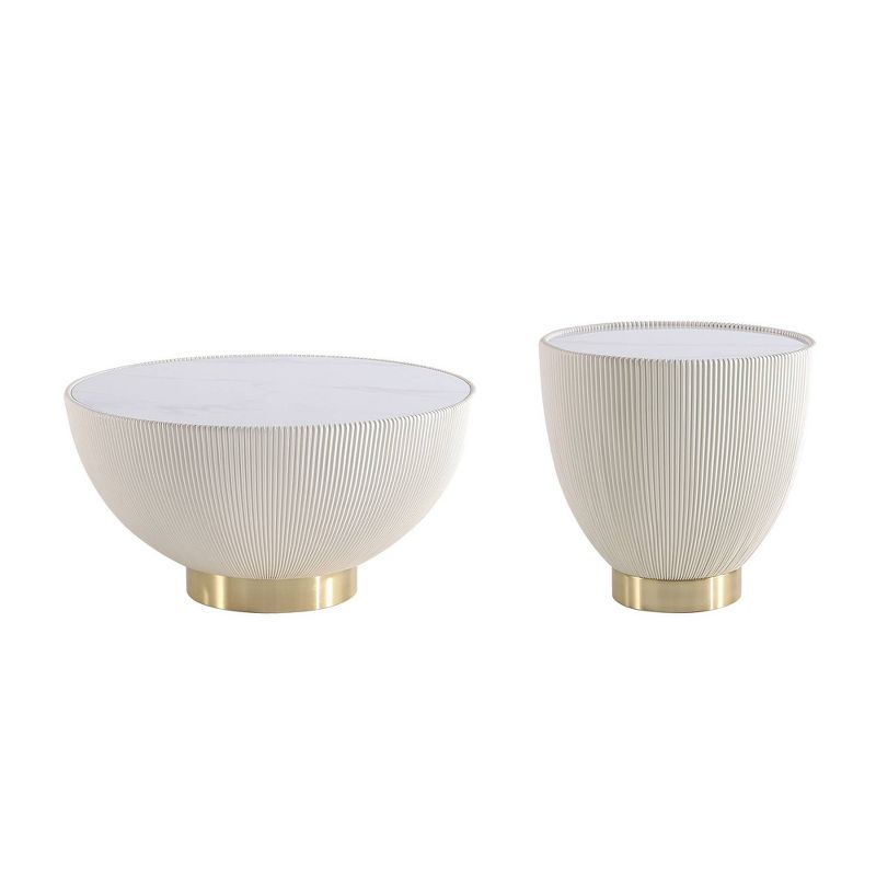 Cream Faux Marble and Gold Metal Round Coffee Table Set