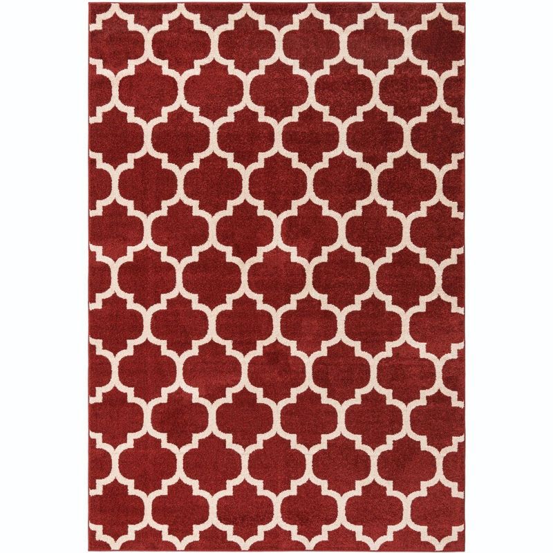 Red and Beige Trellis Synthetic Rectangular Area Rug