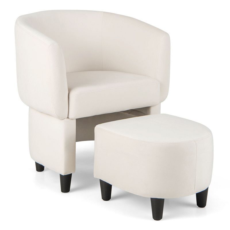 Beige Velvet Barrel Accent Chair with Ottoman and Wood Legs