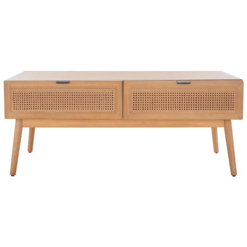 Natural Wood Rectangular Coffee Table with Woven Storage Drawers