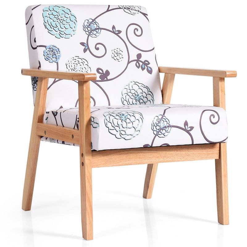 White and Blue Floral Fabric Lounge Chair with Teak Frame