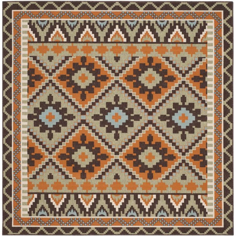 Veranda Green & Terracotta 5'3" Square Synthetic Outdoor Rug