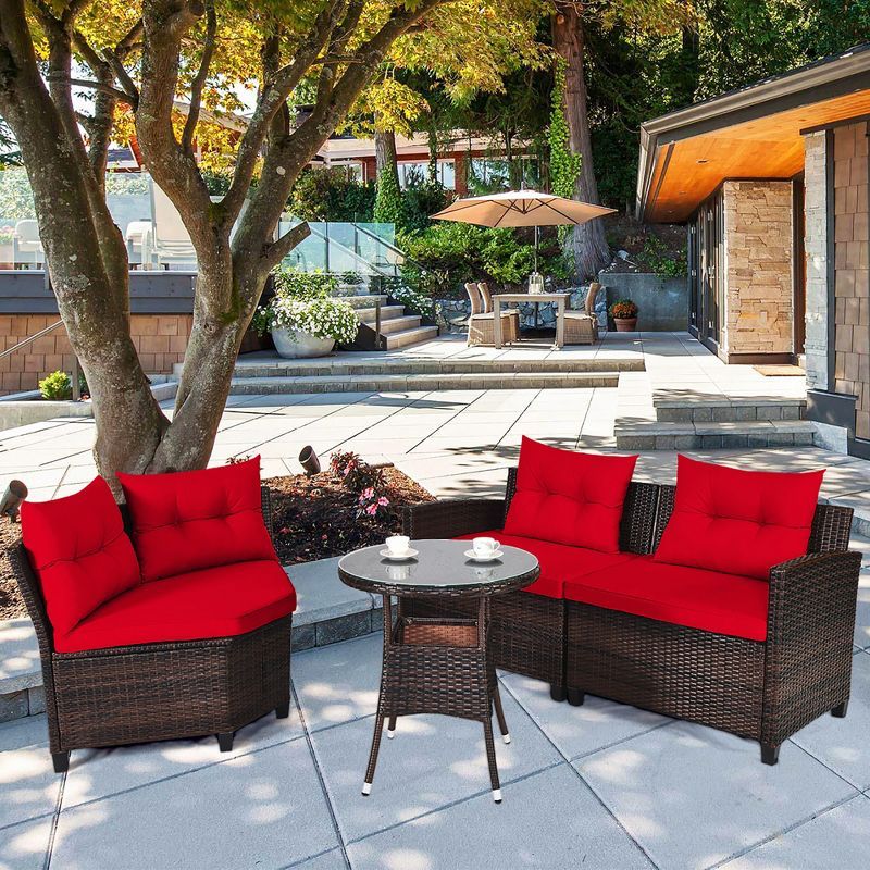 Red Cushioned 4-Piece Brown Rattan Outdoor Patio Set