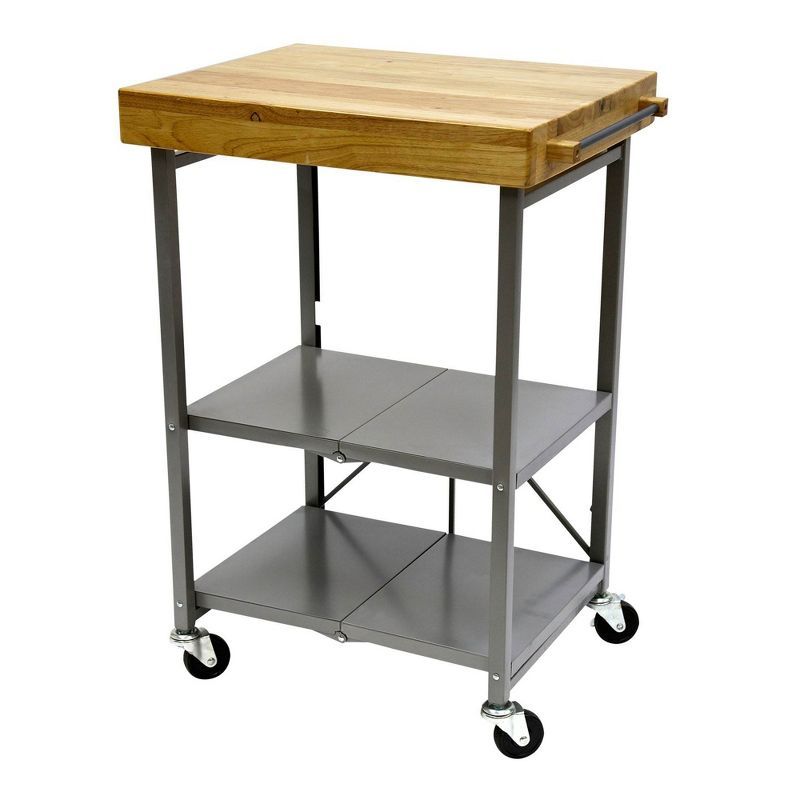 Foldable Silver Kitchen Cart with Wood Butcher Block Top