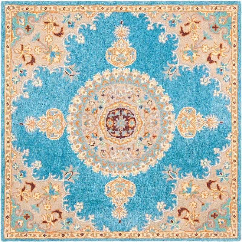 Handmade Blue Wool Square Tufted Area Rug, 6' x 6'