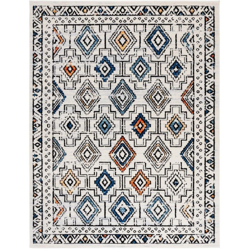 Ivory and Blue Oriental Round Stain-Resistant Area Rug
