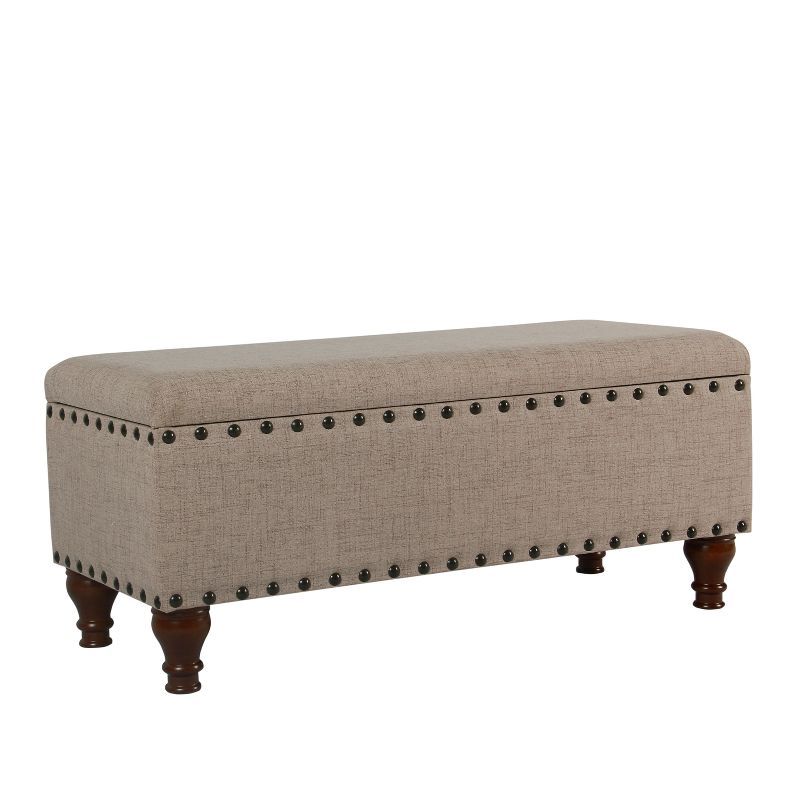 Large Beige Linen Storage Bench with Nailhead Trim