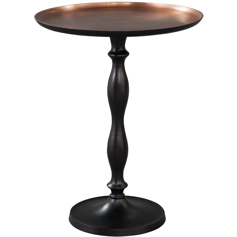 Traditional Round Brown Wood & Metal Tray-Top Side Table with Storage