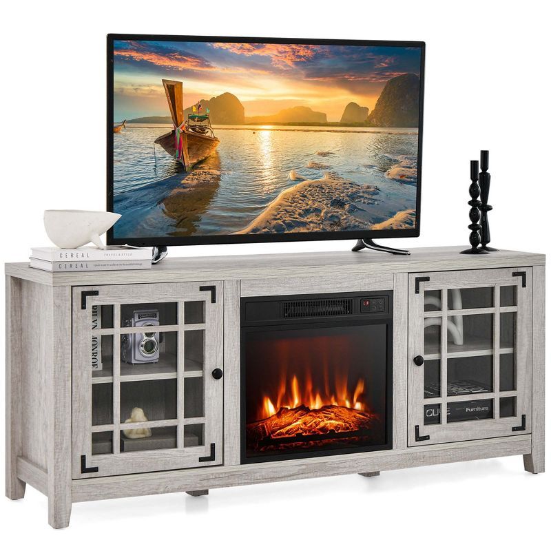 Natural Wood 58" Fireplace TV Stand with Adjustable Shelves