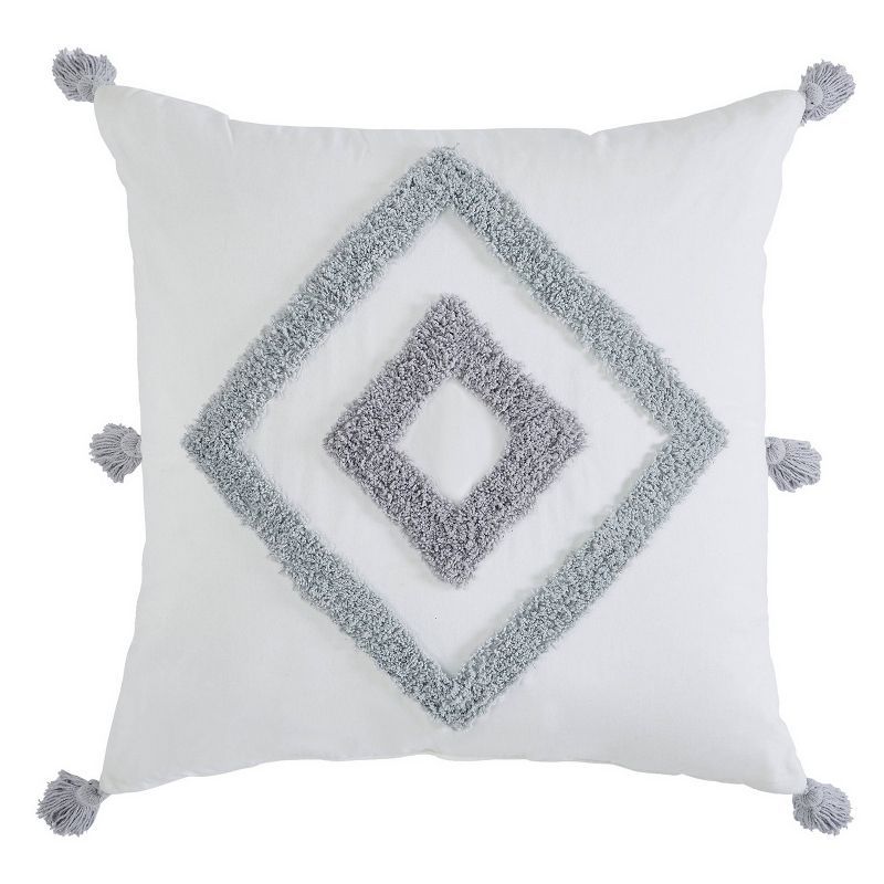 White and Gray Cotton Boho Diamond Tufted 20" Square Pillow