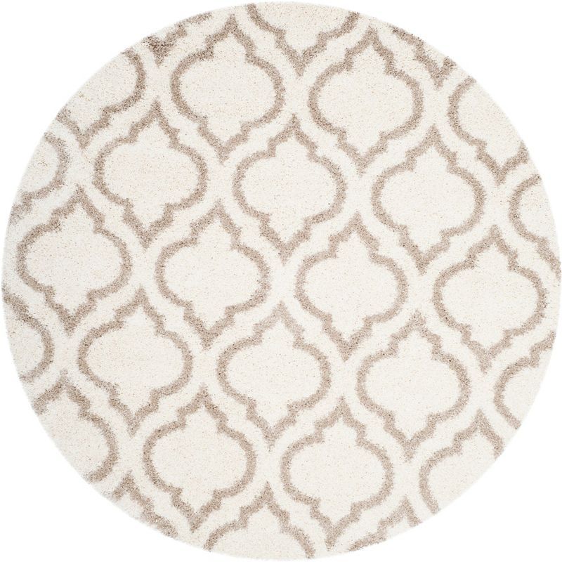 Ivory and Beige Round Geometric Shag Area Rug