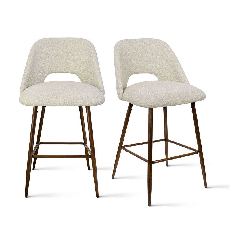 Beige Upholstered Counter Stools with Walnut Legs, Set of 2