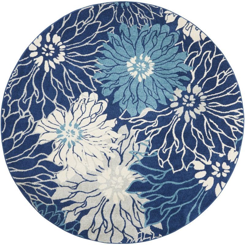 Navy and Ivory Round Floral Synthetic Area Rug, 8 ft