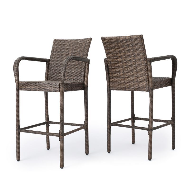 Mixed Mocha Iron Frame Wicker Patio Barstools, Set of 4