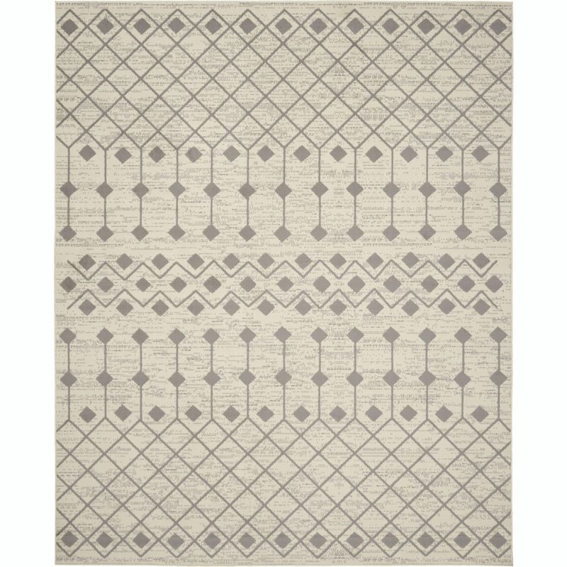 Ivory and Grey Geometric Hand-Knotted 7'10" x 9'10" Synthetic Area Rug