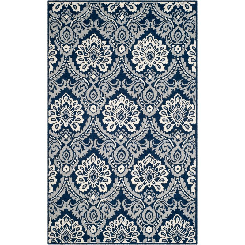 Navy and Ivory Floral Wool Tufted Area Rug