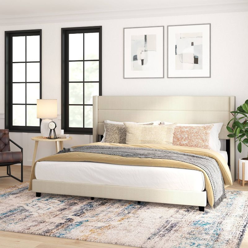 Beige King Upholstered Platform Bed with Wingback Headboard