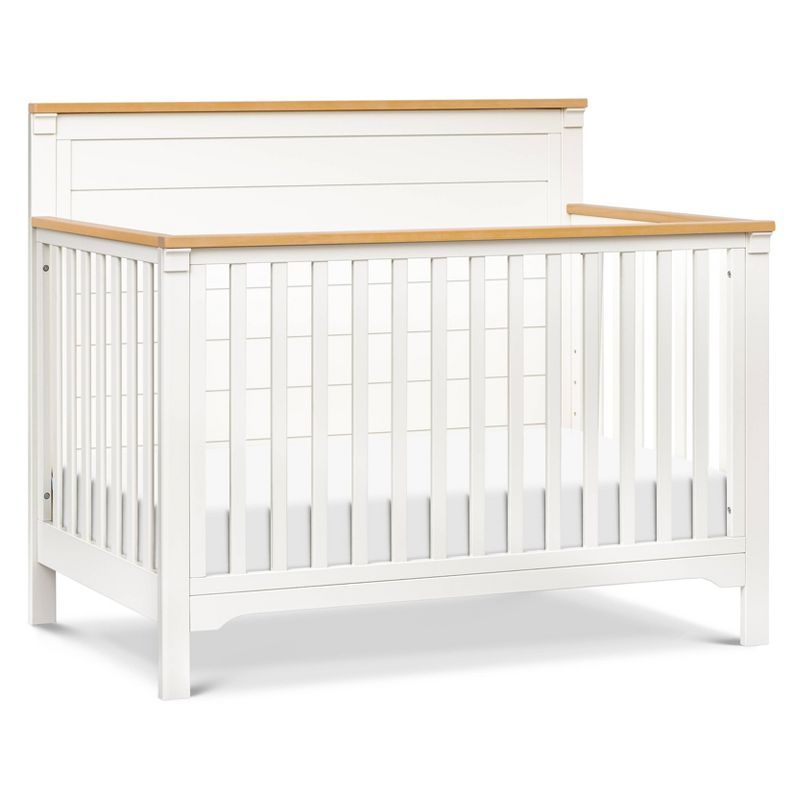 Warm White and Honey 4-in-1 Convertible Crib with Wood Paneling