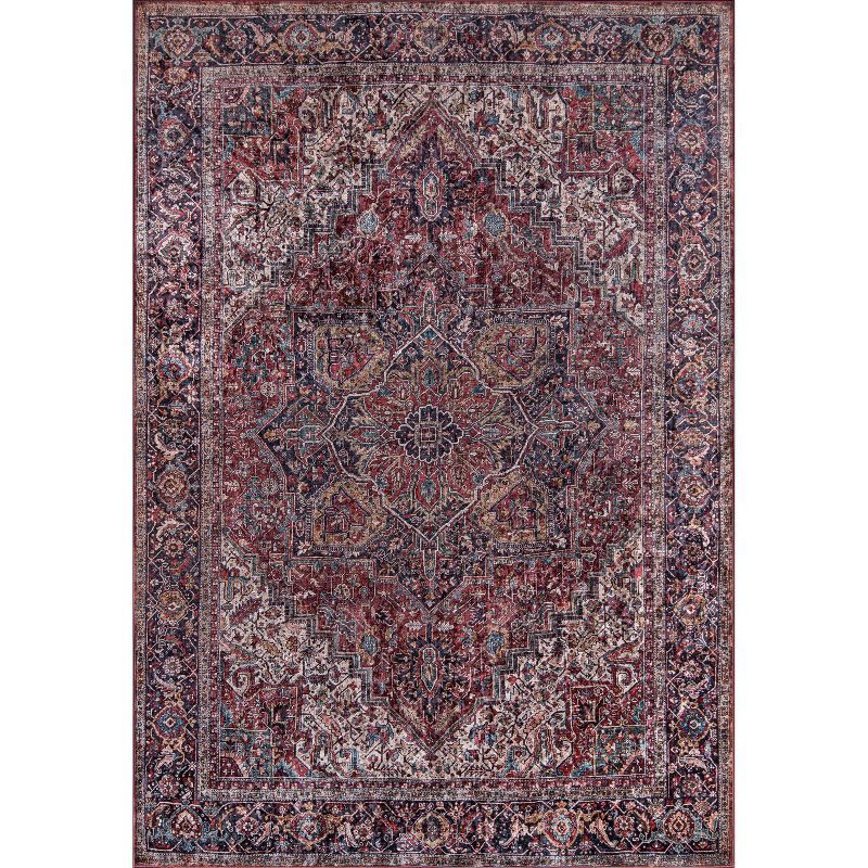 Burgundy and Blue Rectangular Synthetic Traditional Area Rug