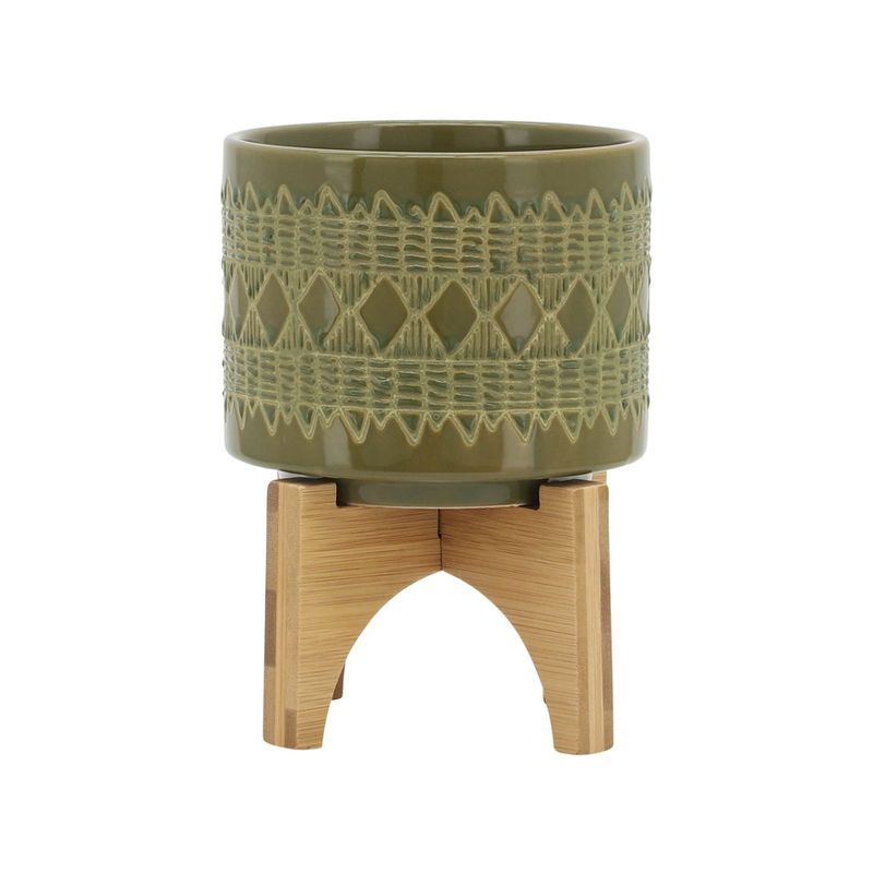 Green Ceramic Aztec Planter with Wooden Stand