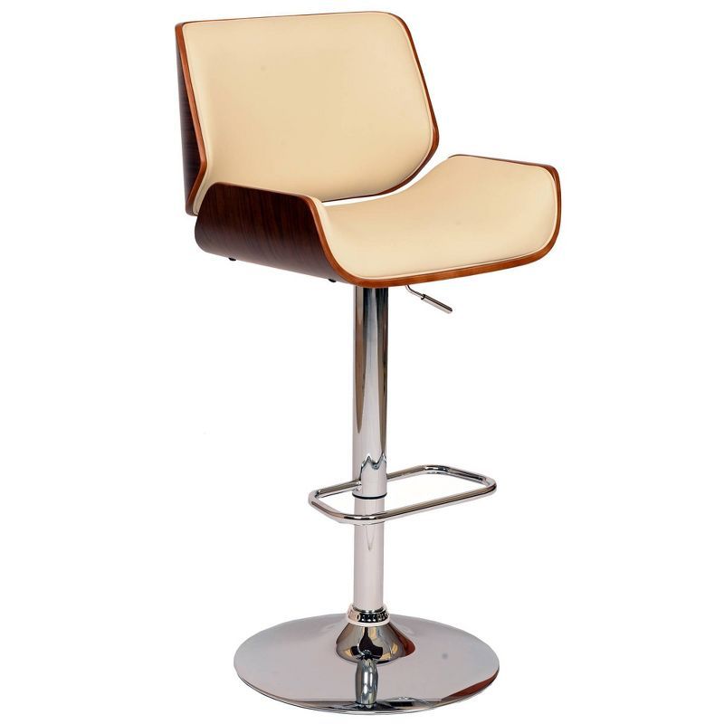 Cream Faux Leather Adjustable Swivel Bar Stool with Walnut and Chrome
