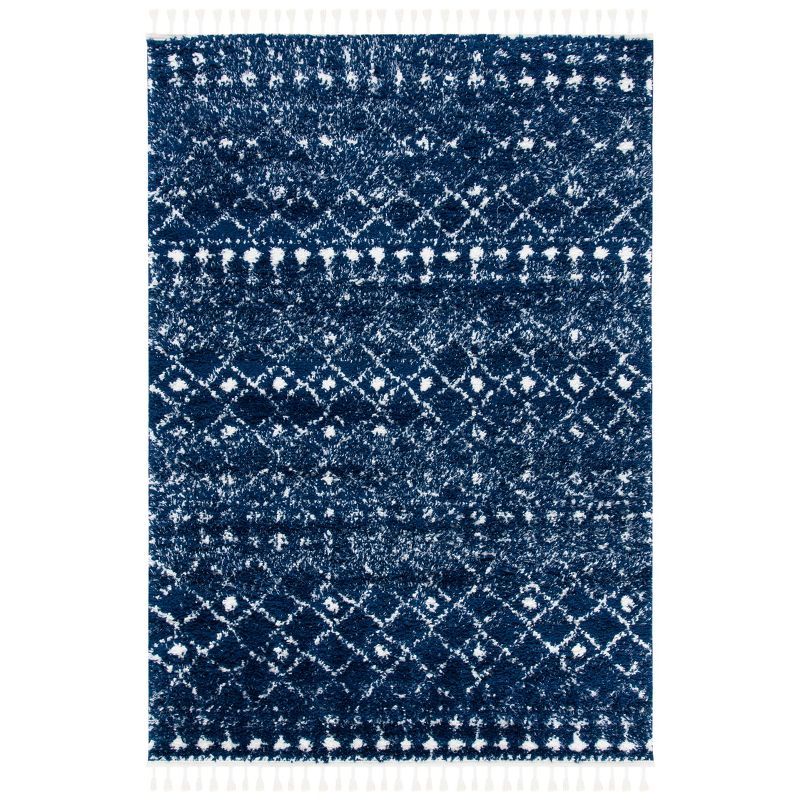 Dark Blue and Ivory Synthetic Shag Area Rug, 6'7" x 9'