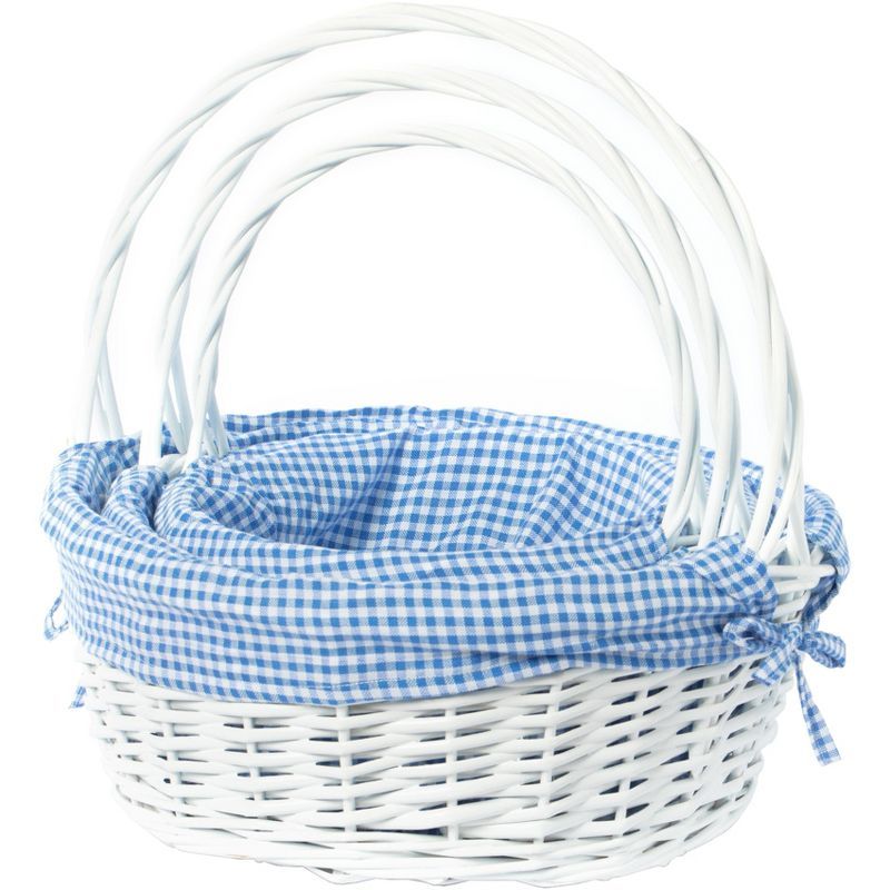 White Round Wicker Basket with Blue Gingham Liner