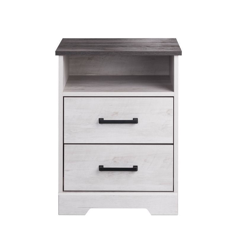 Washed White 2-Drawer Nightstand with Open Cubby and Gray Top