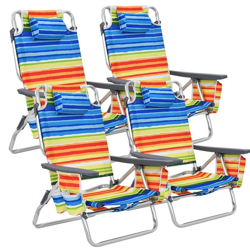 Yellow Striped Aluminum Folding Beach Chairs with Cushions, Set of 4
