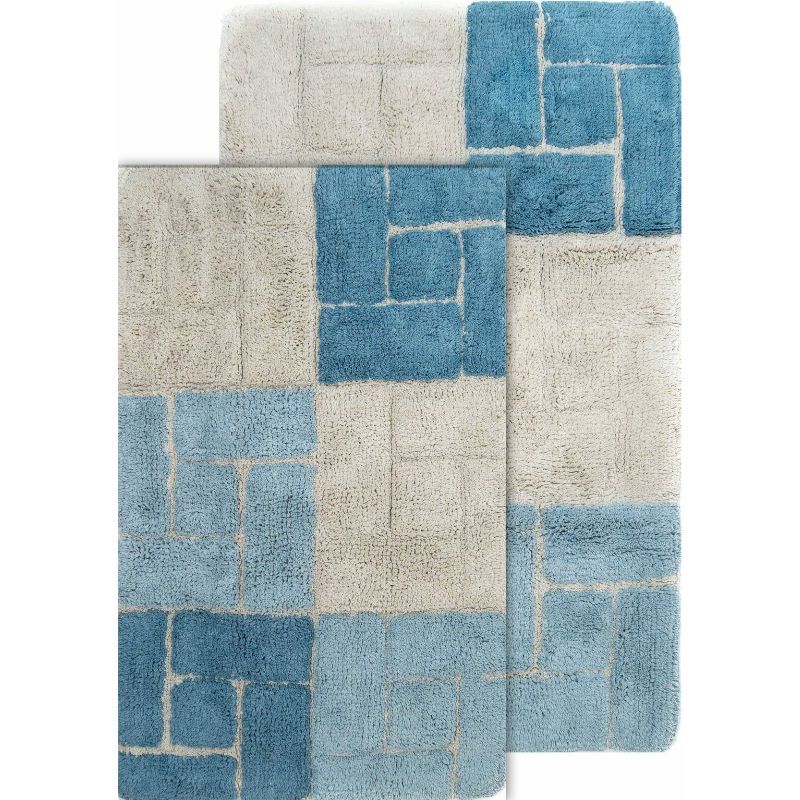 Aquamarine and Beige Cotton Bath Rug Set with Brick Design