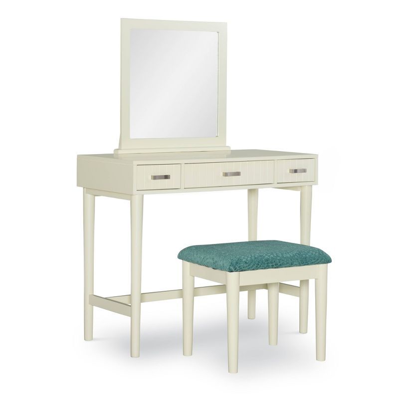 Cream Wood Vanity Set with Green Upholstered Stool and Mirror