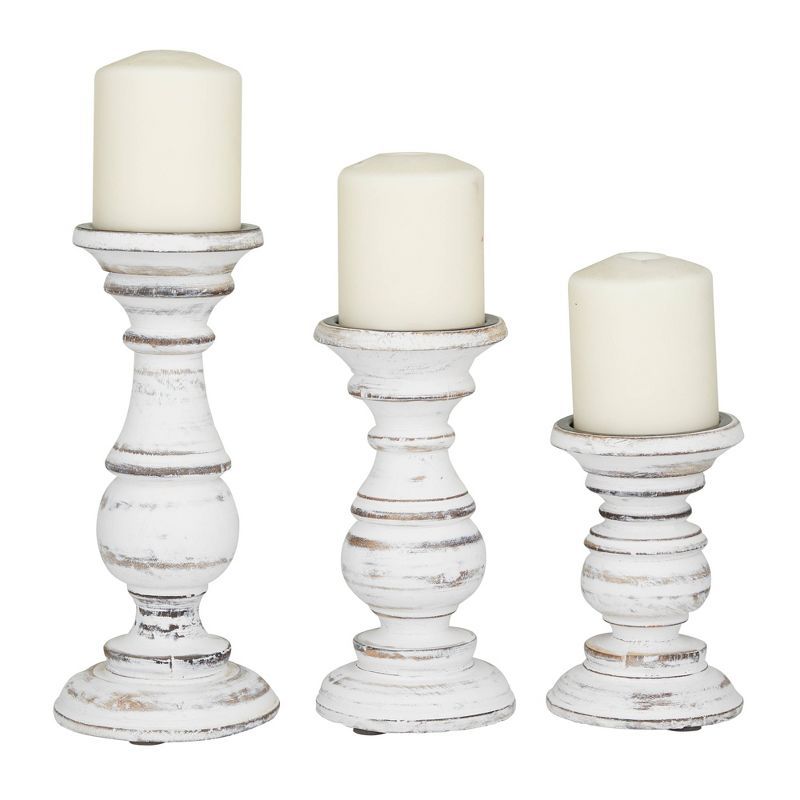 Set of 3 White Distressed Wood Pillar Candle Holders