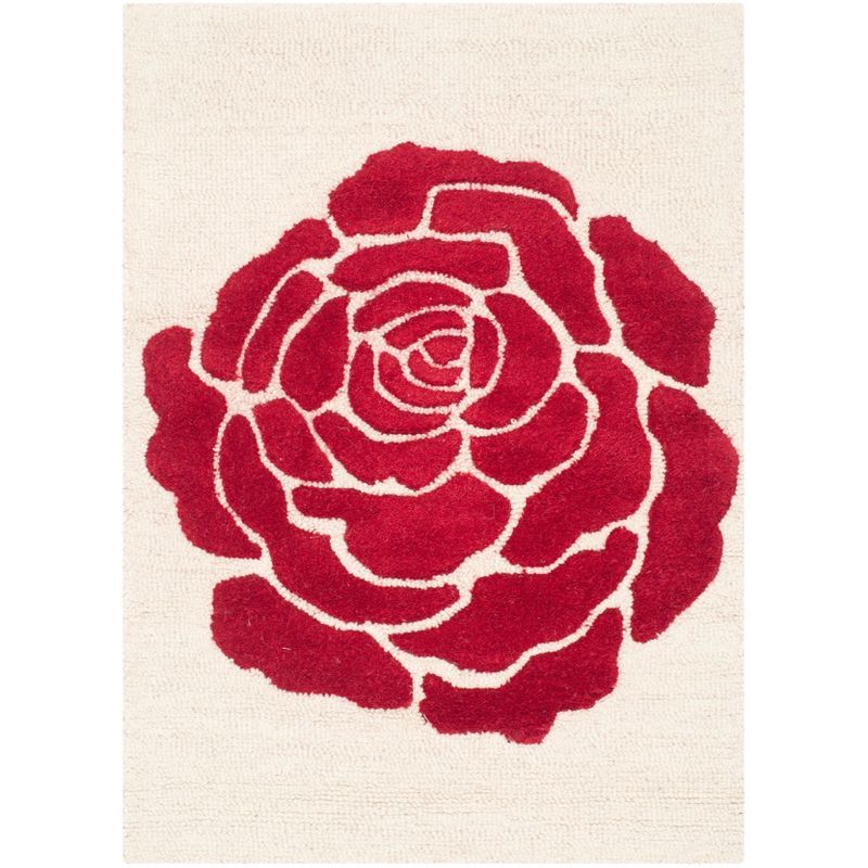 Ivory and Red Hand-Tufted Wool Rectangular Rug 2' x 3'