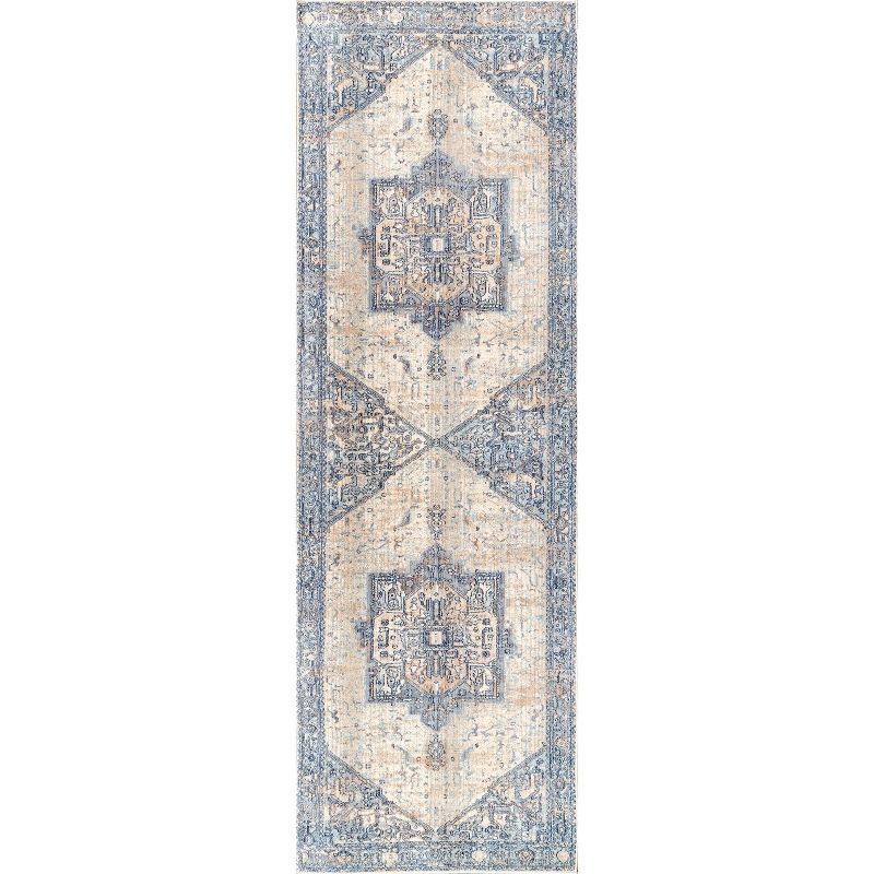 Light Blue Vintage Medallion Fringe Easy-Care Runner Rug