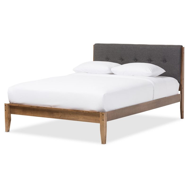 King Gray Walnut Wood Upholstered Platform Bed with Tufted Headboard