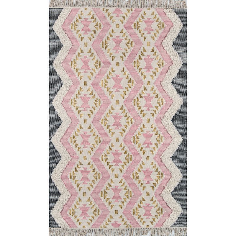 Handmade Pink Geometric Wool Area Rug with Fringe