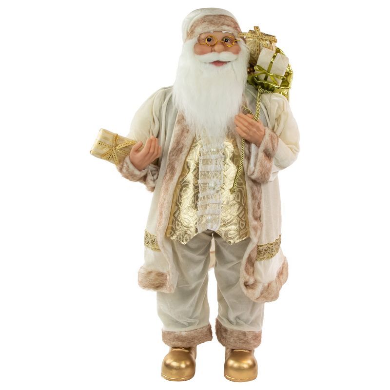 36" Winter White and Gold Santa Claus Christmas Figurine with Gift Bag