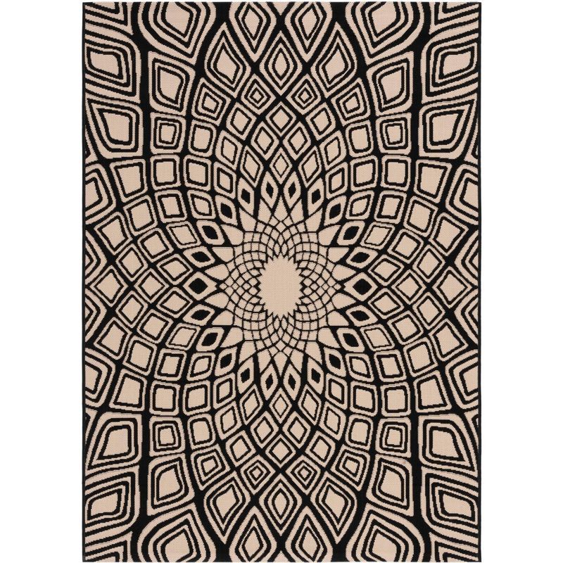 Geometric Black and Beige Synthetic Outdoor Area Rug