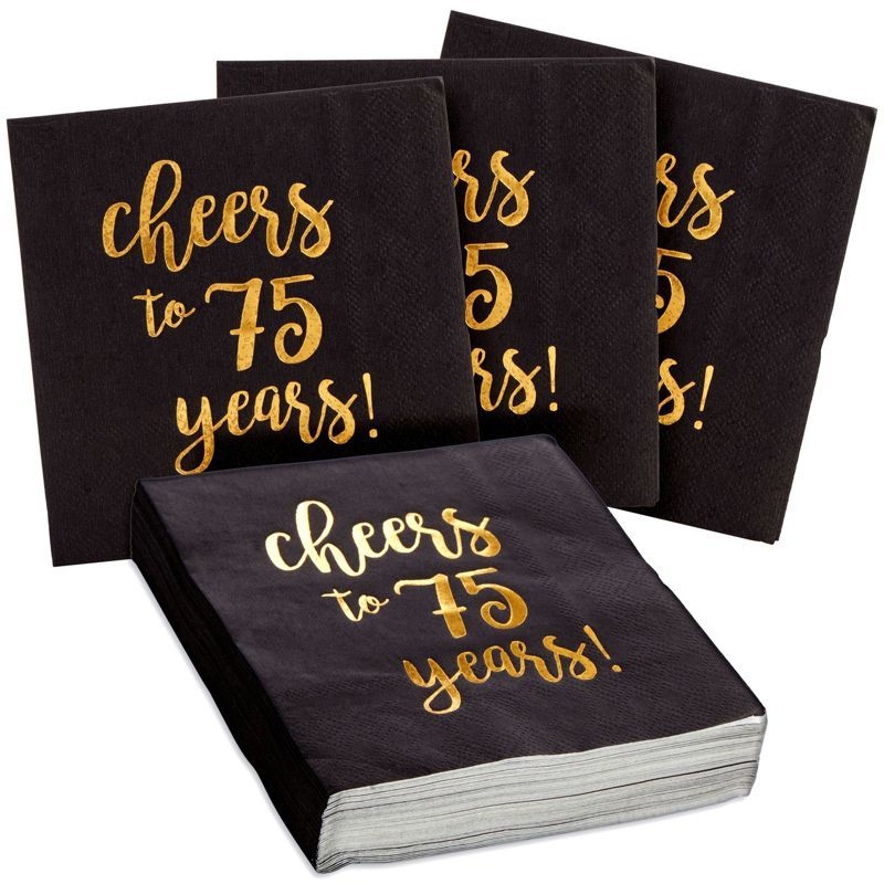 Black and Gold Cheers to 75 Years Cocktail Napkins, 50-Pack