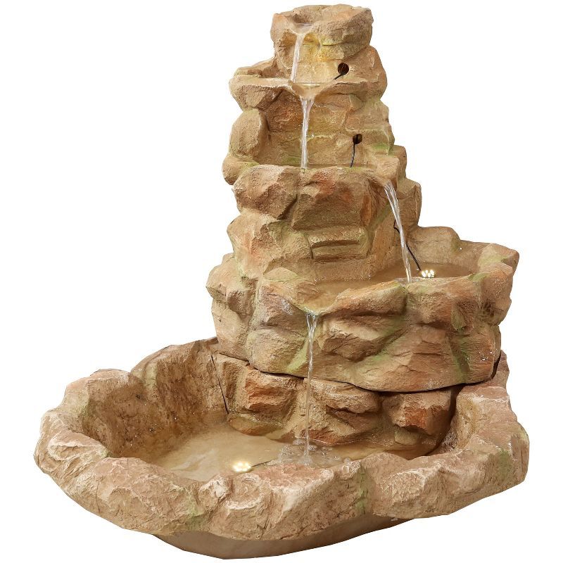 Light Brown Fiberglass Stone Springs Outdoor Water Fountain with LED Lights